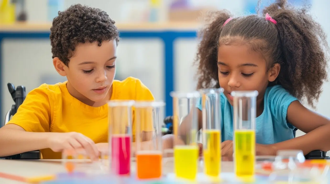 Feier zum Wissenschaftstag mit Kindern, die im Labor lernen.